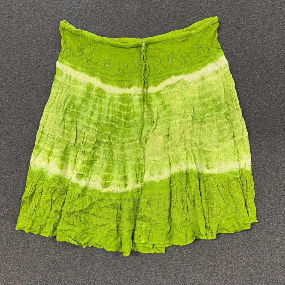 Vintage Indian Tropical Fashion Skirt Women Free Size Green Good Tie Dye Sequin